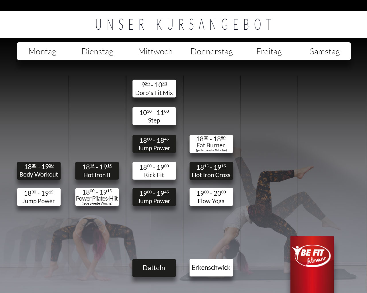 Der aktuelle Kursplan im BE FIT Datteln und Erkenschwick